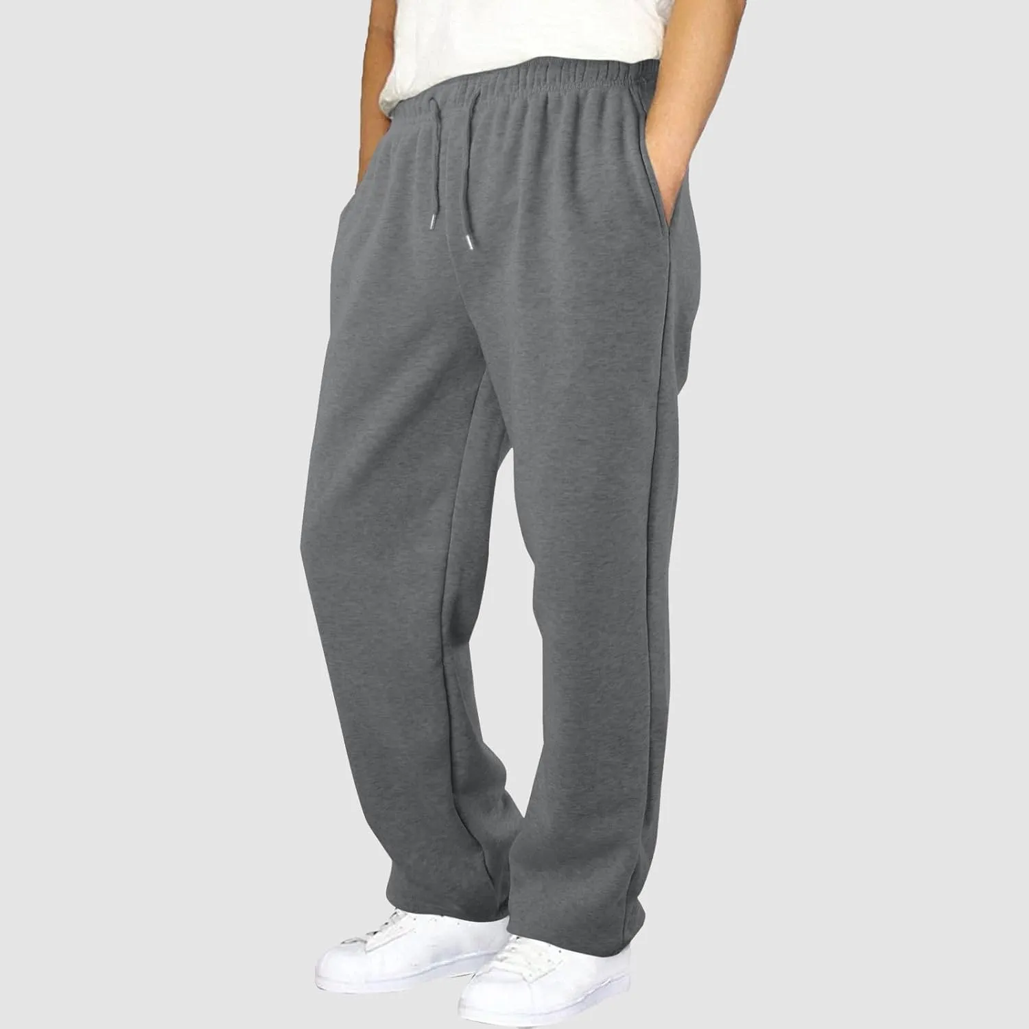 Men's Fleece Lined Sweatpants Wide Free Straight Leg Jogging Pants Workout High Waist Yoga Pants with Pockets