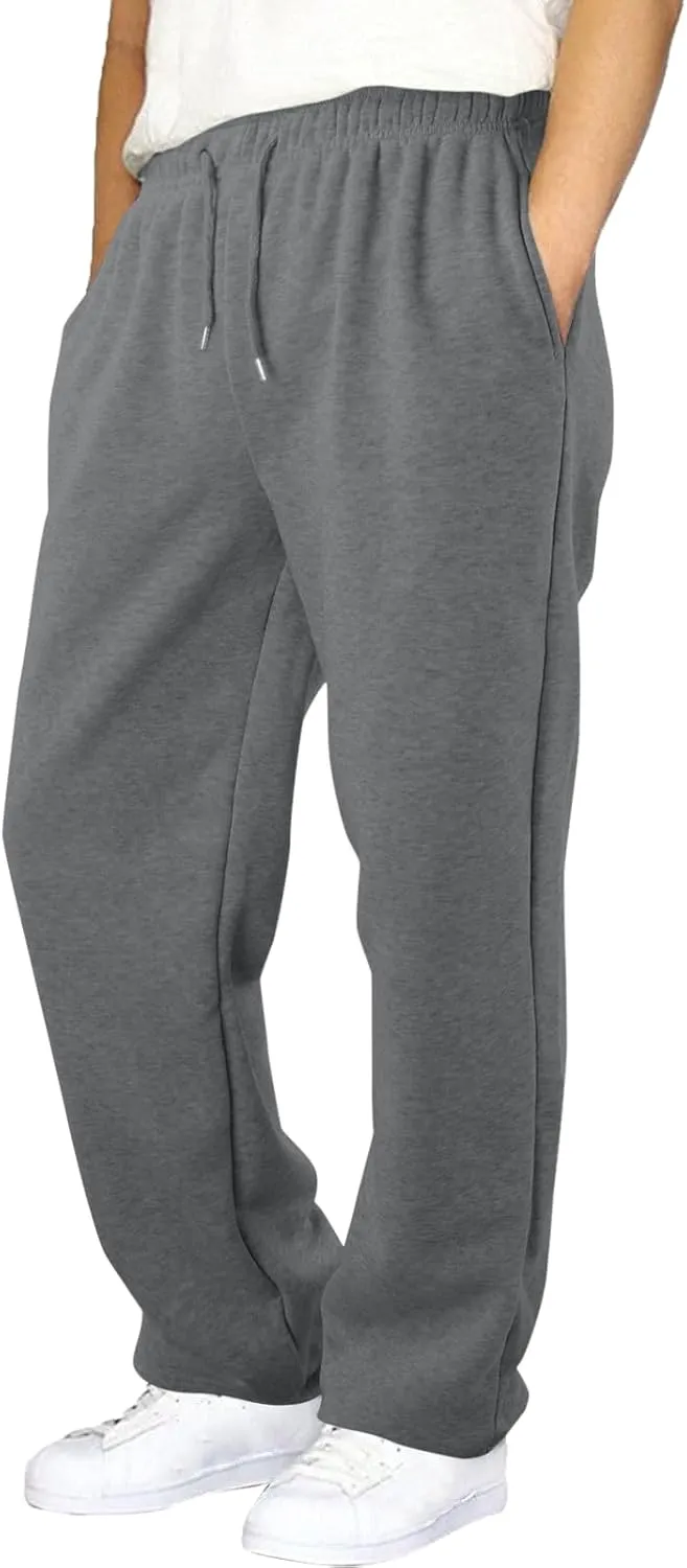 Men's Fleece Lined Sweatpants Wide Free Straight Leg Jogging Pants Workout High Waist Yoga Pants with Pockets