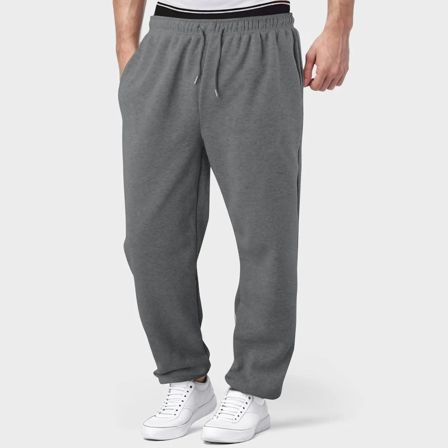 Men's Fleece Lined Sweatpants Wide Free Straight Leg Jogging Pants Workout High Waist Yoga Pants with Pockets