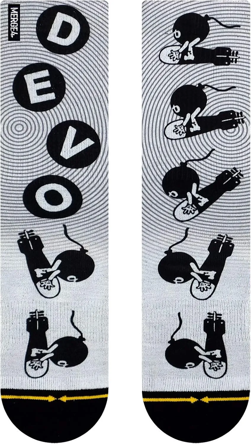 MERGE4 Devo Band 'Bombs Away' Large Crew Socks for Men and Women Grey Bomb Classic DEVO Lettering