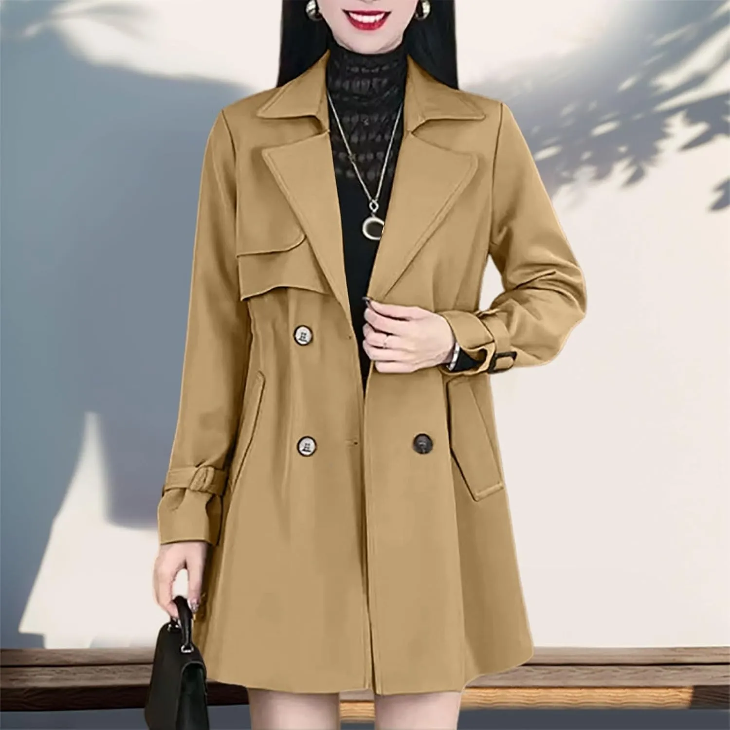 Omfortable Waisted Lapel Trench Coat Lightweight Double Breasted Mid Long Coats Mid Length Slim Overcoat