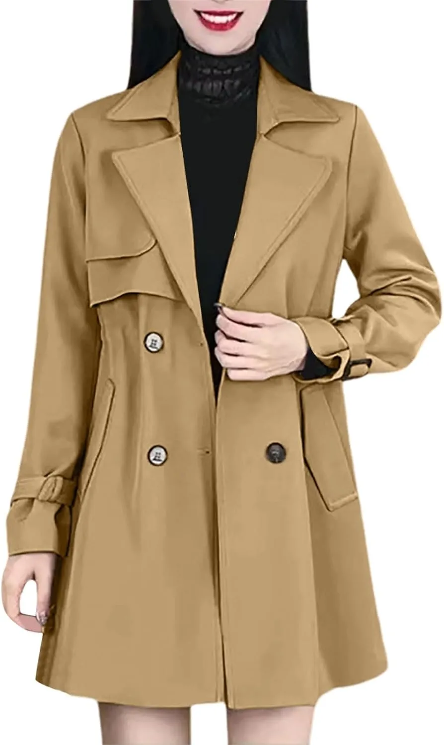 Omfortable Waisted Lapel Trench Coat Lightweight Double Breasted Mid Long Coats Mid Length Slim Overcoat