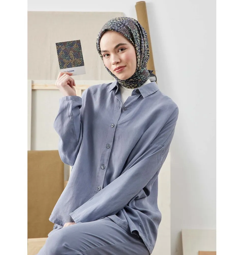 Patterned Viscose Cotton Square Hijab - Ditsy Floral Indigo