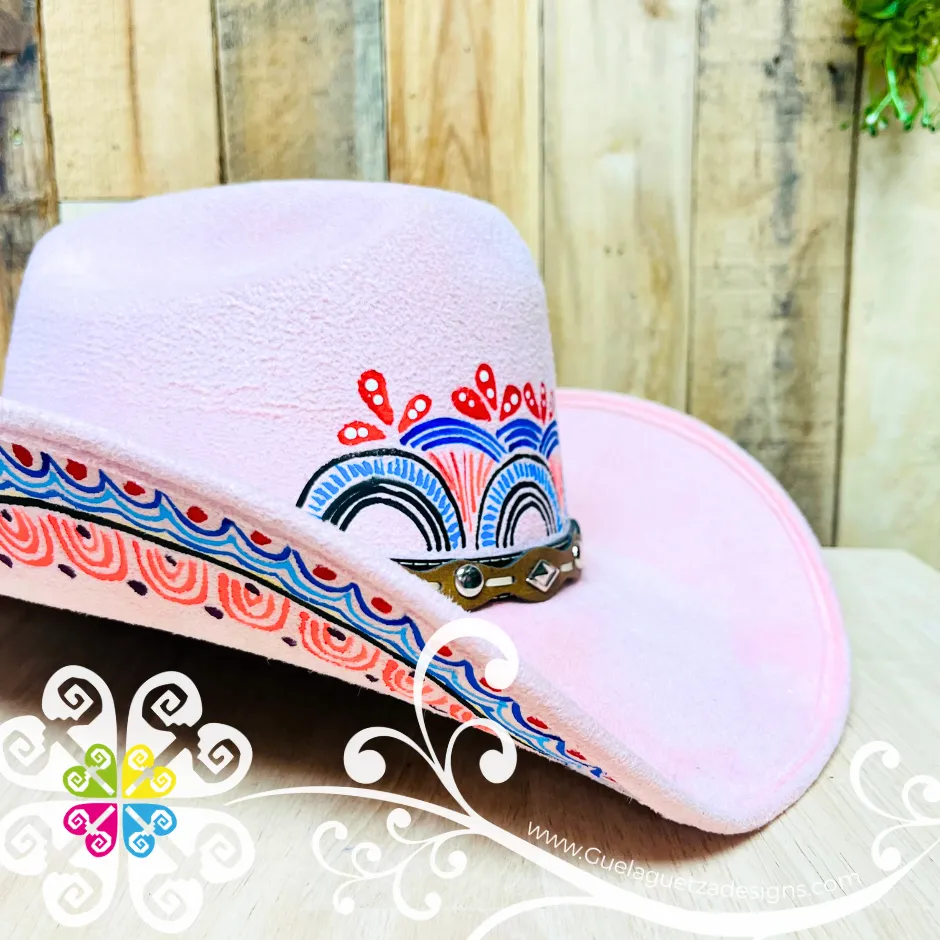 Pink Mitla Cowboy Velvet Hat - Hand Painted Hat