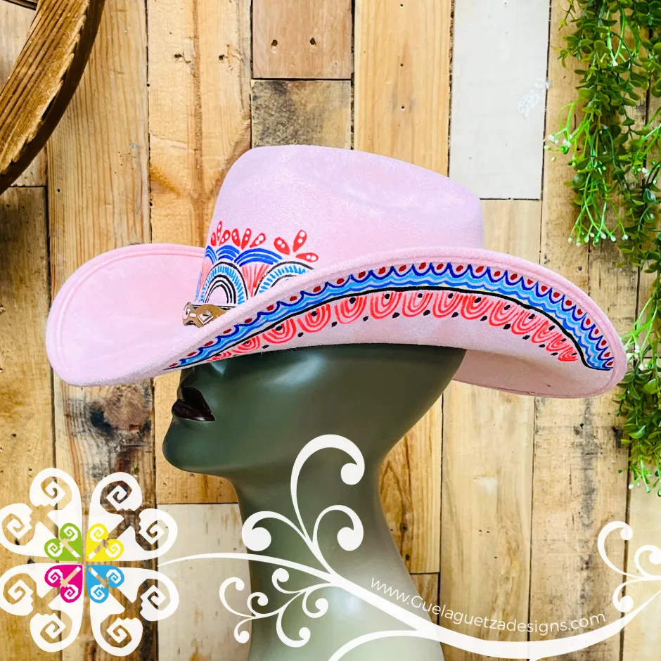 Pink Mitla Cowboy Velvet Hat - Hand Painted Hat