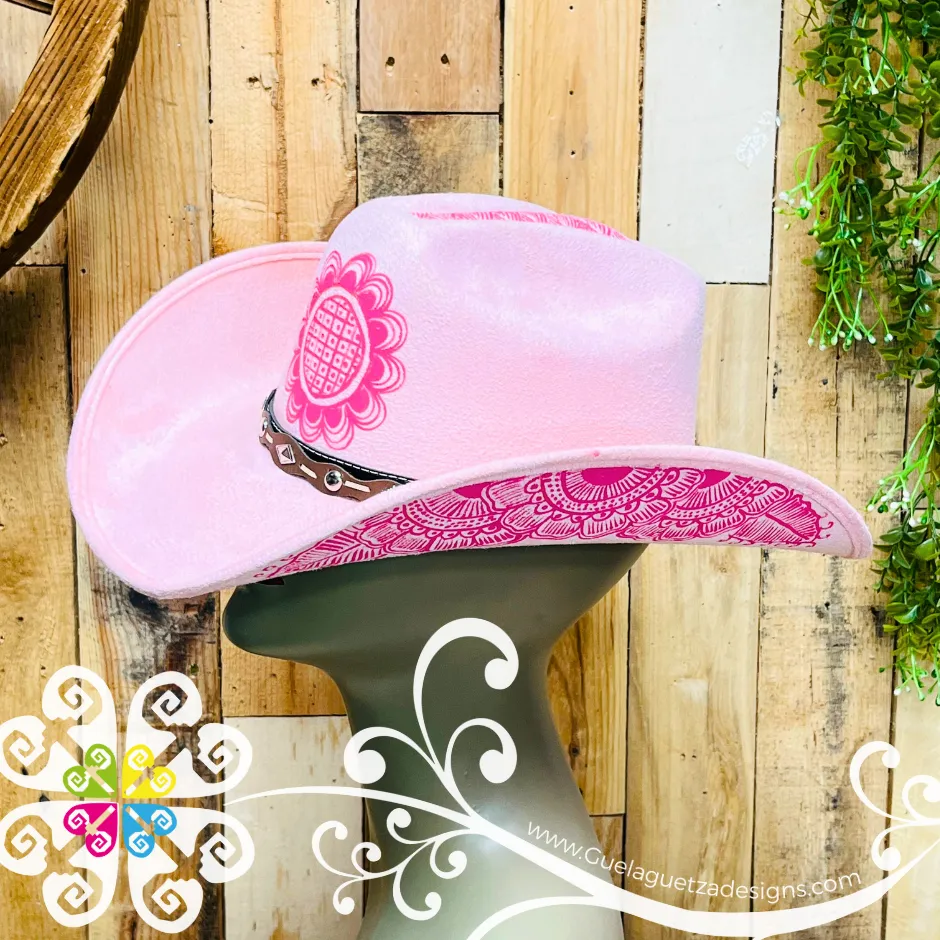 Pink Mitla Cowboy Velvet Hat - Hand Painted Hat