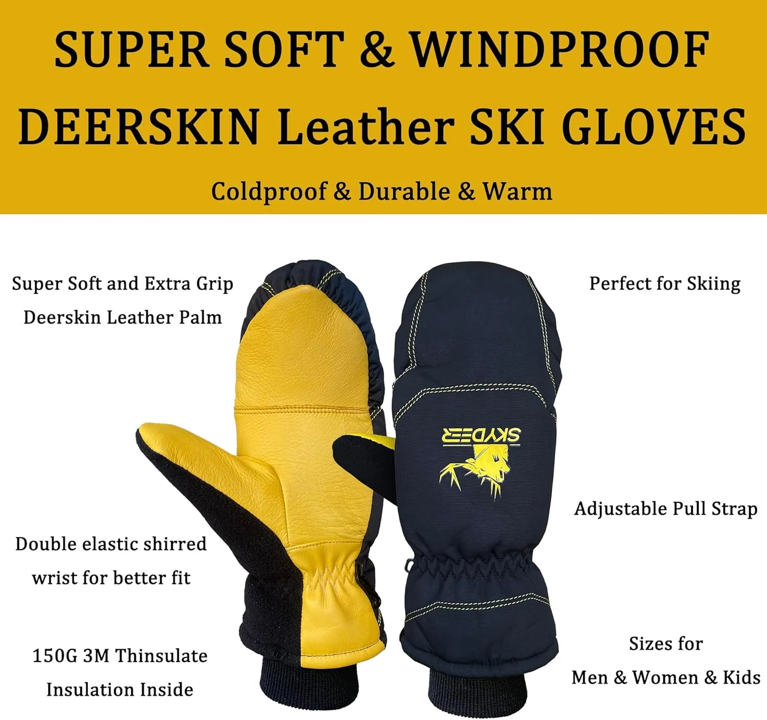 SKYDEER Super Warm Skiing Mittens with Soft Deerskin Leather and 150G 3M Thinsulate Insulation (SD8753M)