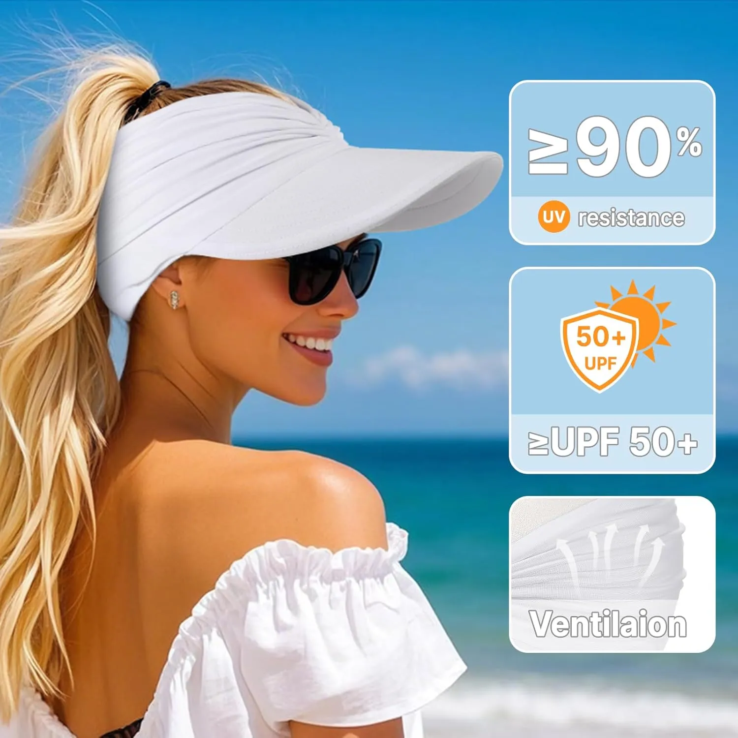 Sun Hats for Women, Wide Brim UV Protection Sun Visor Hats, UPF50  Lightweight Foldable Ponytail Sports Cap
