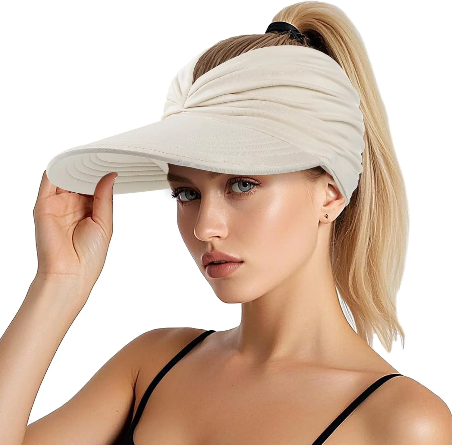 Sun Hats for Women, Wide Brim UV Protection Sun Visor Hats, UPF50  Lightweight Foldable Ponytail Sports Cap