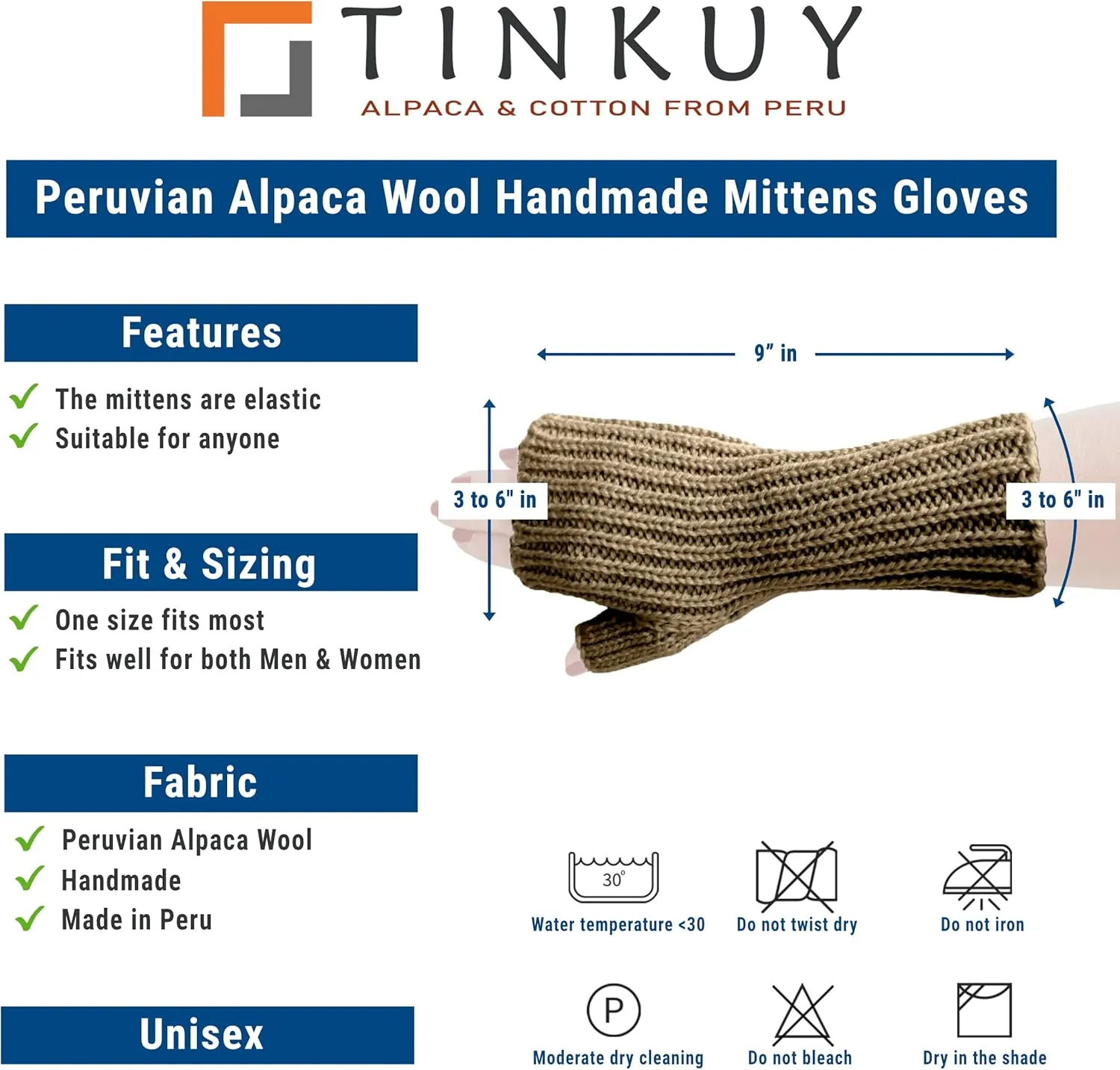 TINKUY PERU Alpaca Wool Fingerless Gloves  Unisex, Hand-Knitted, Warm, Soft, Hypoallergenic  One Size for Winter & Work