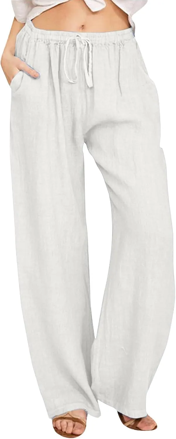 Wide Pants Waist Long Drawstring Casual Linen Elastic Women Linen Leg Solid Cotton Pants Sweatpants Women Linen Work