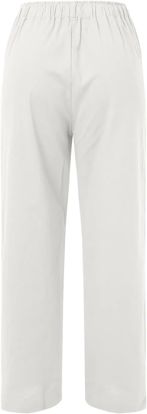 Wide Pants Waist Long Drawstring Casual Linen Elastic Women Linen Leg Solid Cotton Pants Sweatpants Women Linen Work