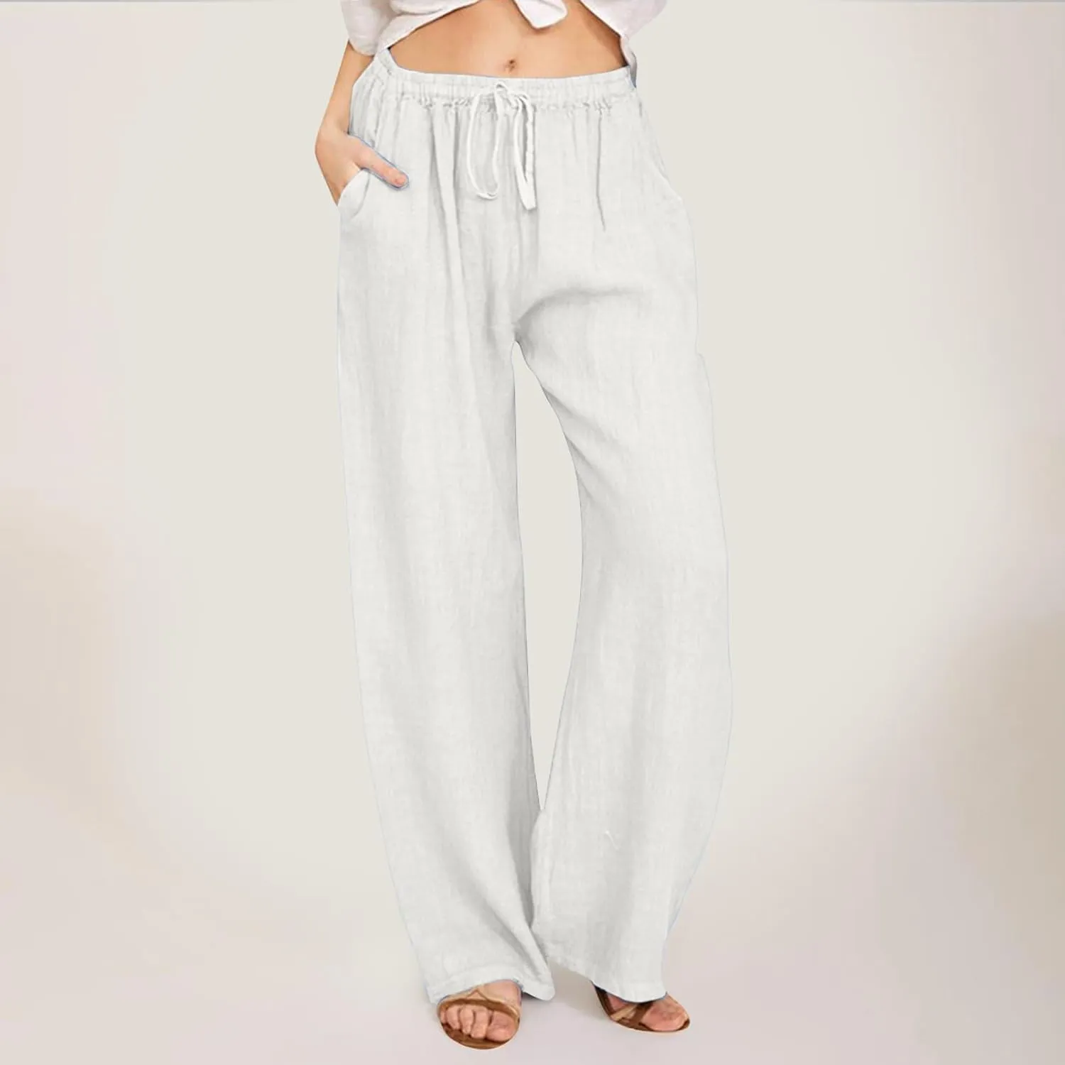 Wide Pants Waist Long Drawstring Casual Linen Elastic Women Linen Leg Solid Cotton Pants Sweatpants Women Linen Work