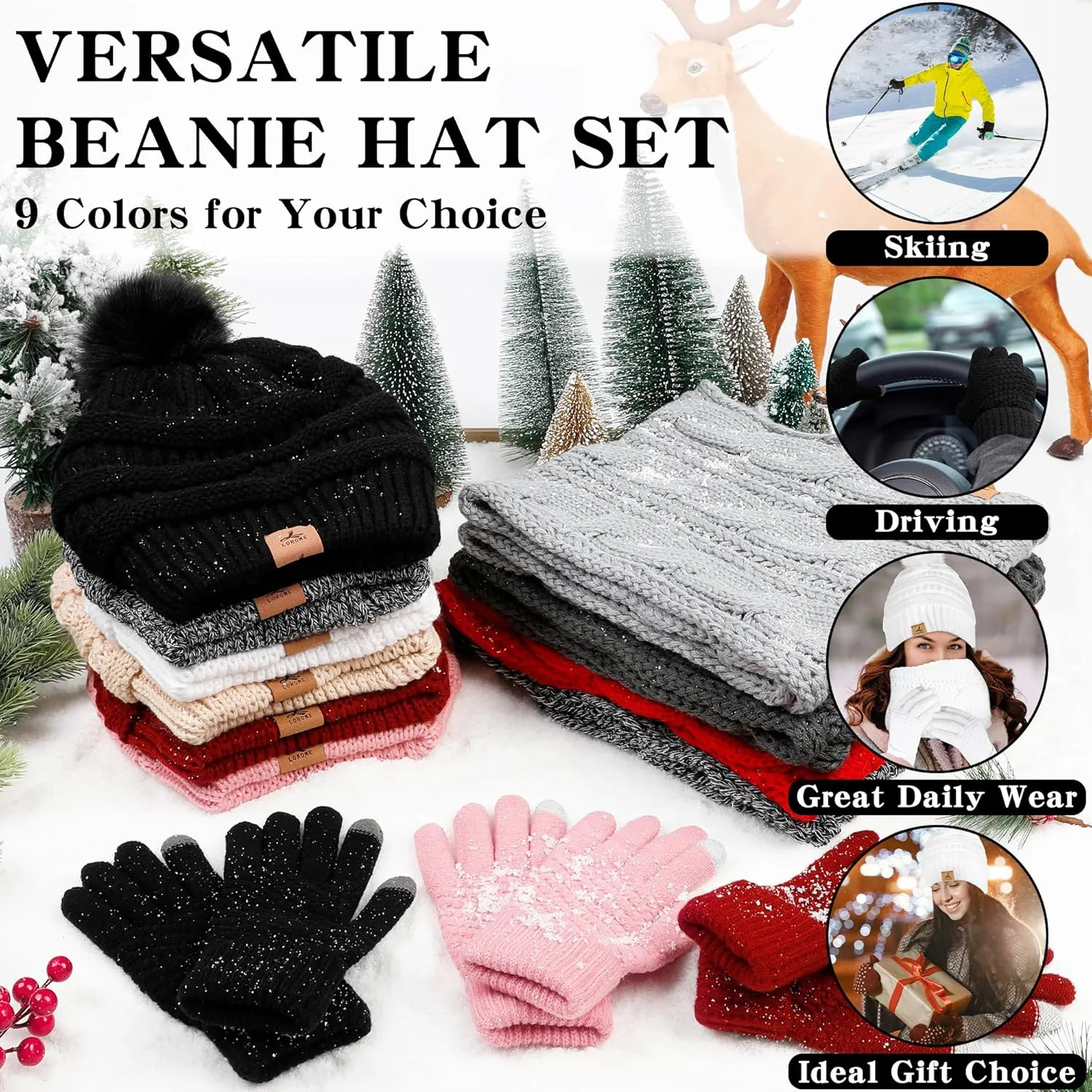 Winter Beanie Hat Scarf Gloves Set, Soft Warm Knit Hat Warm Touchscreen Gloves Neck Warmer Thick Knitted Scarves for Women