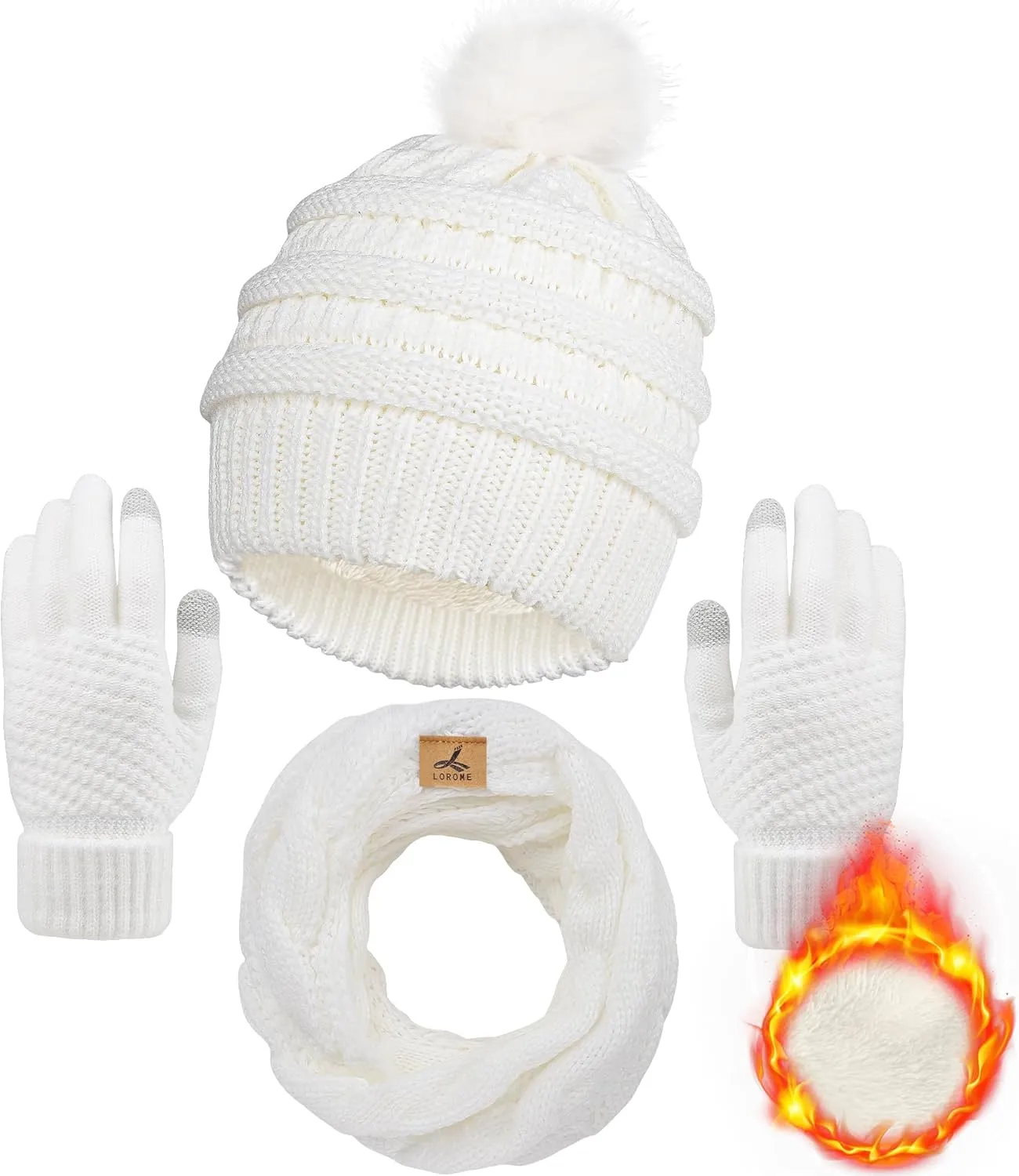 Winter Beanie Hat Scarf Gloves Set, Soft Warm Knit Hat Warm Touchscreen Gloves Neck Warmer Thick Knitted Scarves for Women