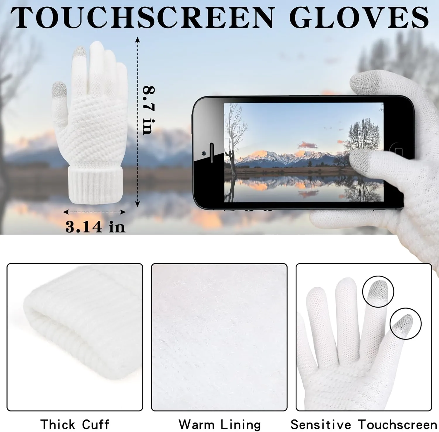 Winter Beanie Hat Scarf Gloves Set, Soft Warm Knit Hat Warm Touchscreen Gloves Neck Warmer Thick Knitted Scarves for Women