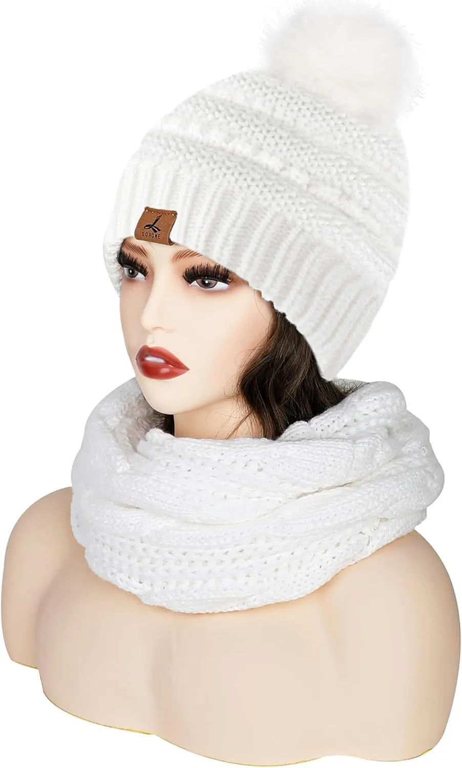 Winter Beanie Hat Scarf Gloves Set, Soft Warm Knit Hat Warm Touchscreen Gloves Neck Warmer Thick Knitted Scarves for Women
