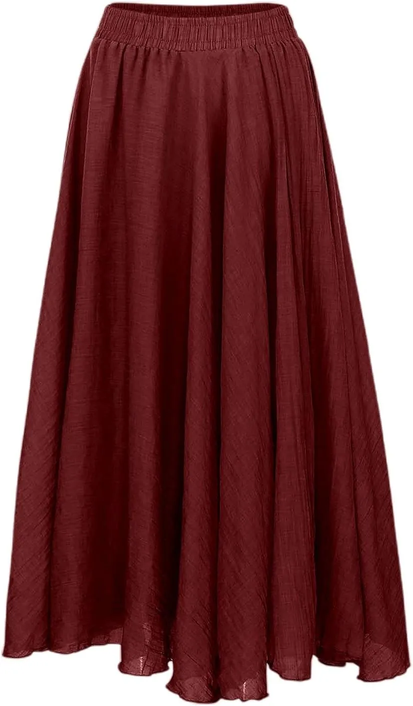 Women Flowy Long Skirts Summer Beach Pleated Solid Color Elastic High Waisted Bosimi Casual Dress Maxi Skirts