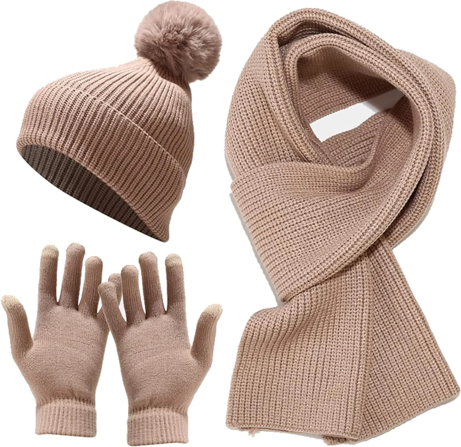Women Girls Knit Beanie Hat Scarf and Gloves Set, Winter Soft Warm Thick Fleece Lined Knit Hat with Pompom, Gloves and Scarf