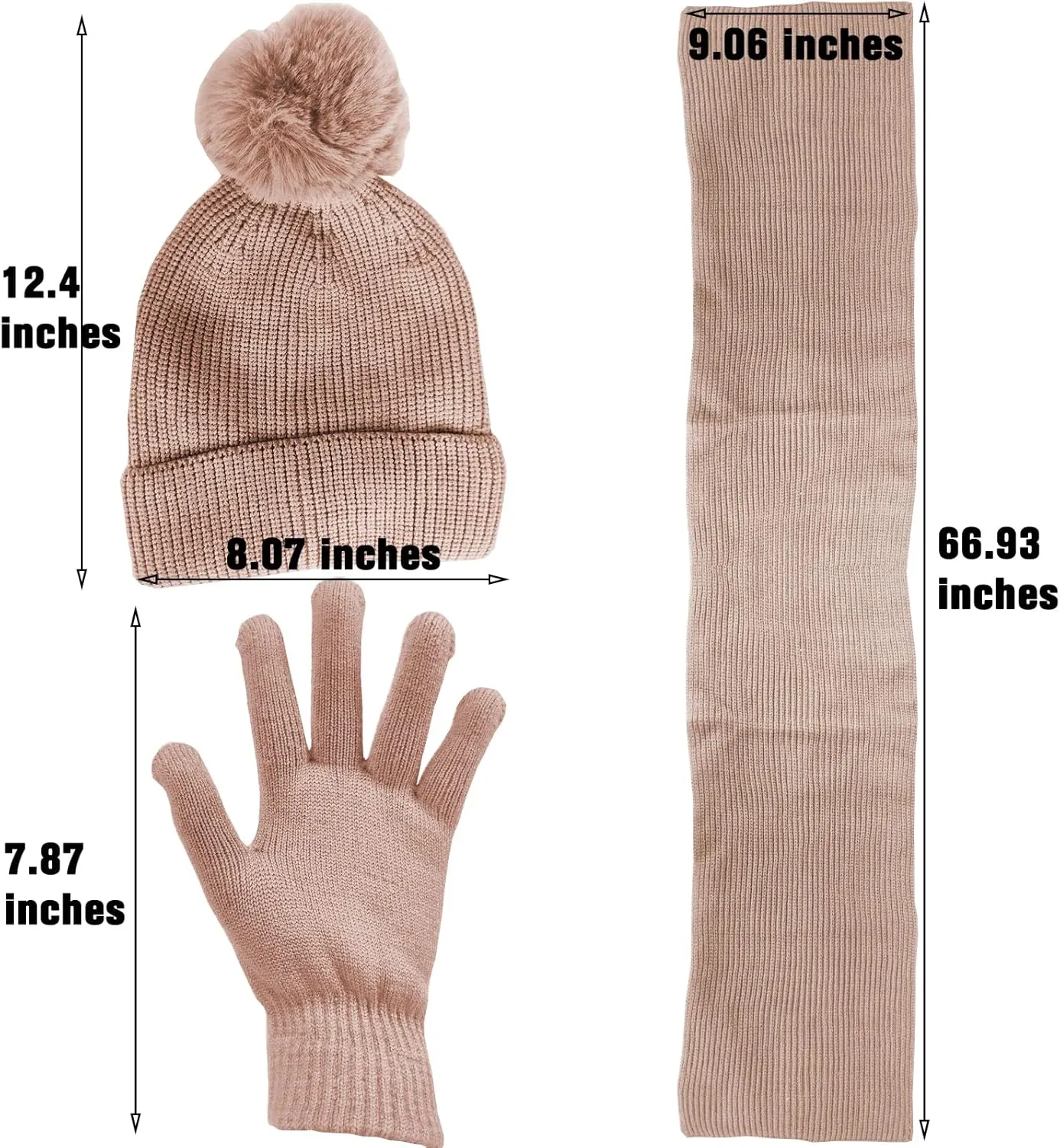 Women Girls Knit Beanie Hat Scarf and Gloves Set, Winter Soft Warm Thick Fleece Lined Knit Hat with Pompom, Gloves and Scarf