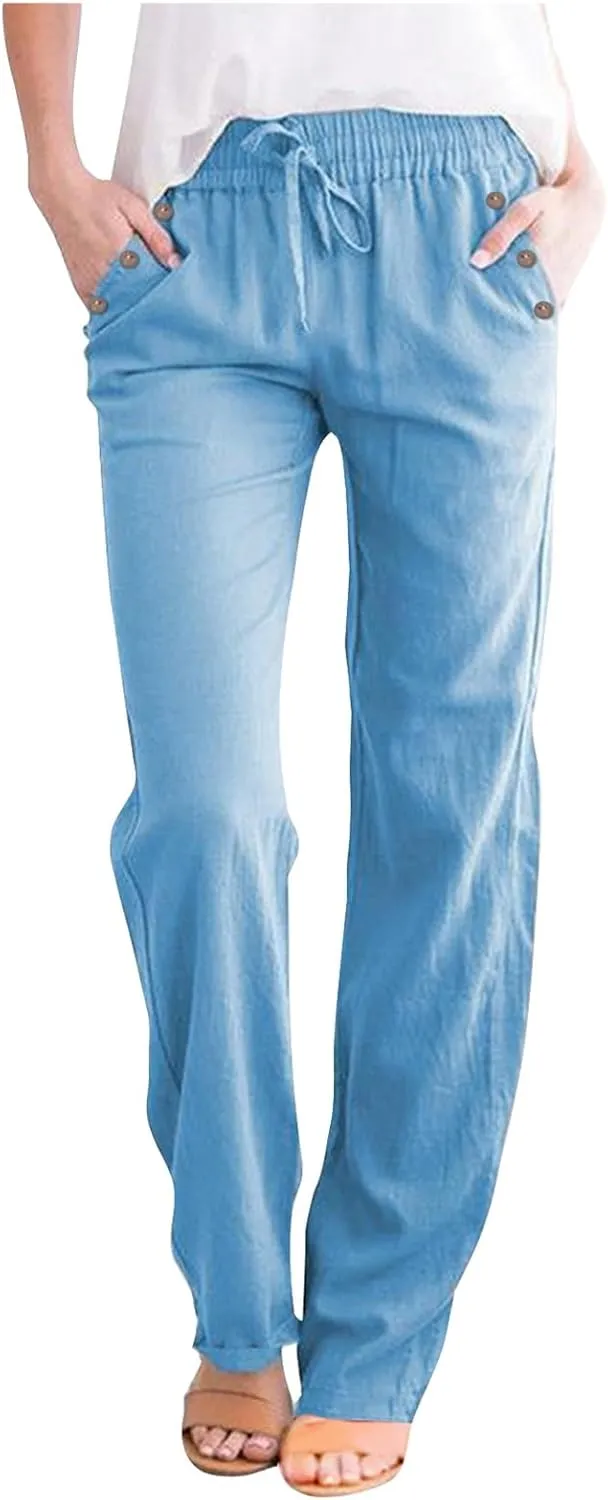 Women High Waisted Wide Leg Pants Casual Drawstring Elastic Trousers Comfy Straight Leg Long Pants Girls Flare