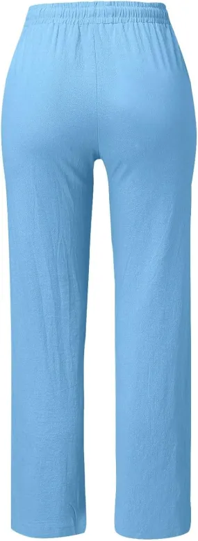 Women High Waisted Wide Leg Pants Casual Drawstring Elastic Trousers Comfy Straight Leg Long Pants Girls Flare