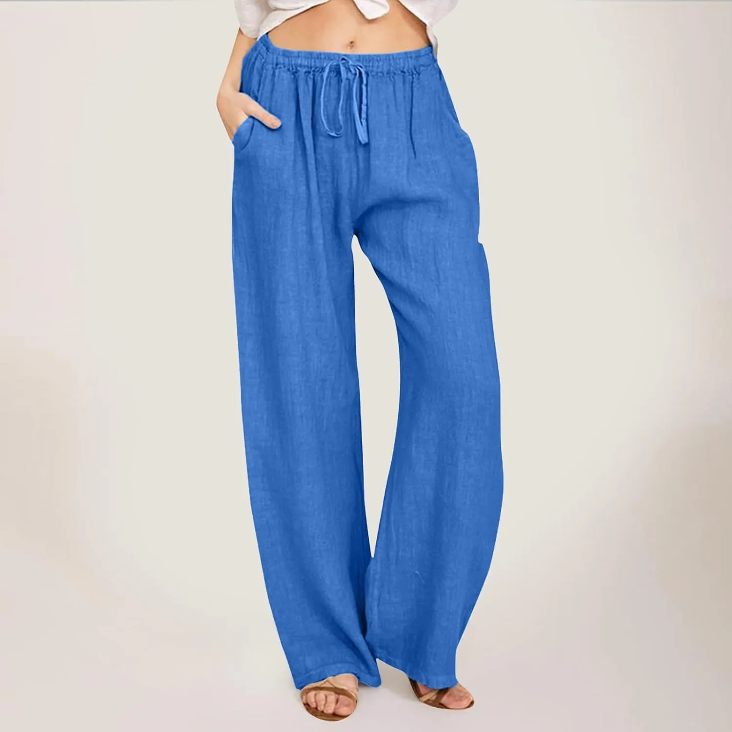 Women High Waisted Wide Leg Pants Fashion Drawstring Elastic Trousers Comfy Straight Leg Long Pants with Pockets