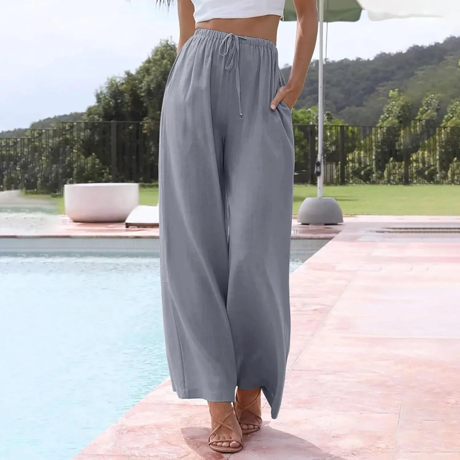 Women High Waisted Wide Leg Pants Fashion Drawstring Elastic Trousers Comfy Straight Leg Long Pants with Pockets