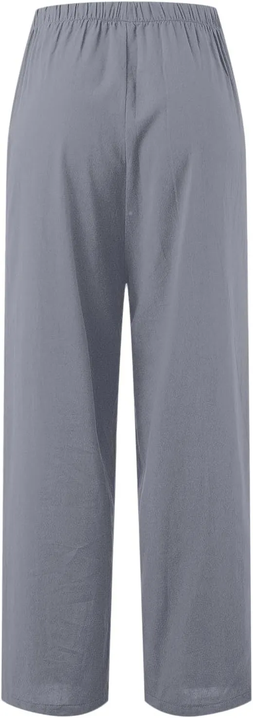 Women High Waisted Wide Leg Pants Fashion Drawstring Elastic Trousers Comfy Straight Leg Long Pants with Pockets