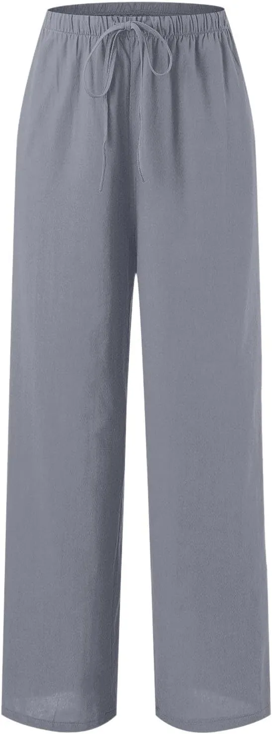 Women High Waisted Wide Leg Pants Fashion Drawstring Elastic Trousers Comfy Straight Leg Long Pants with Pockets