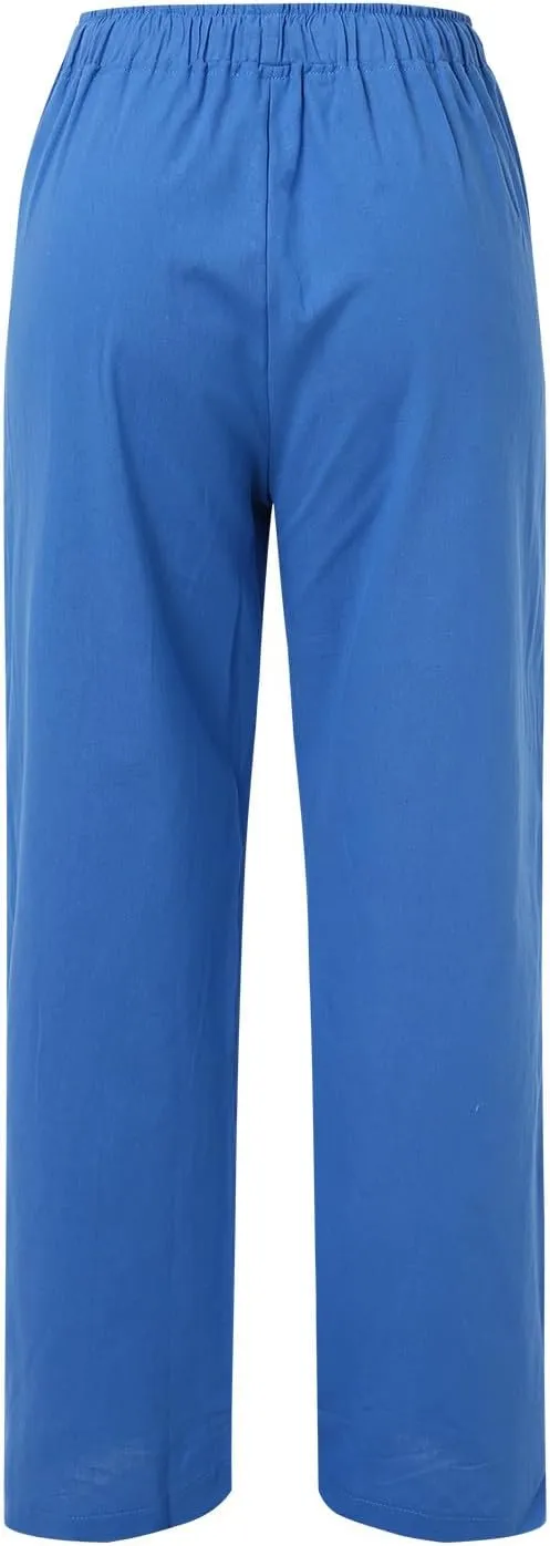 Women High Waisted Wide Leg Pants Fashion Drawstring Elastic Trousers Comfy Straight Leg Long Pants with Pockets