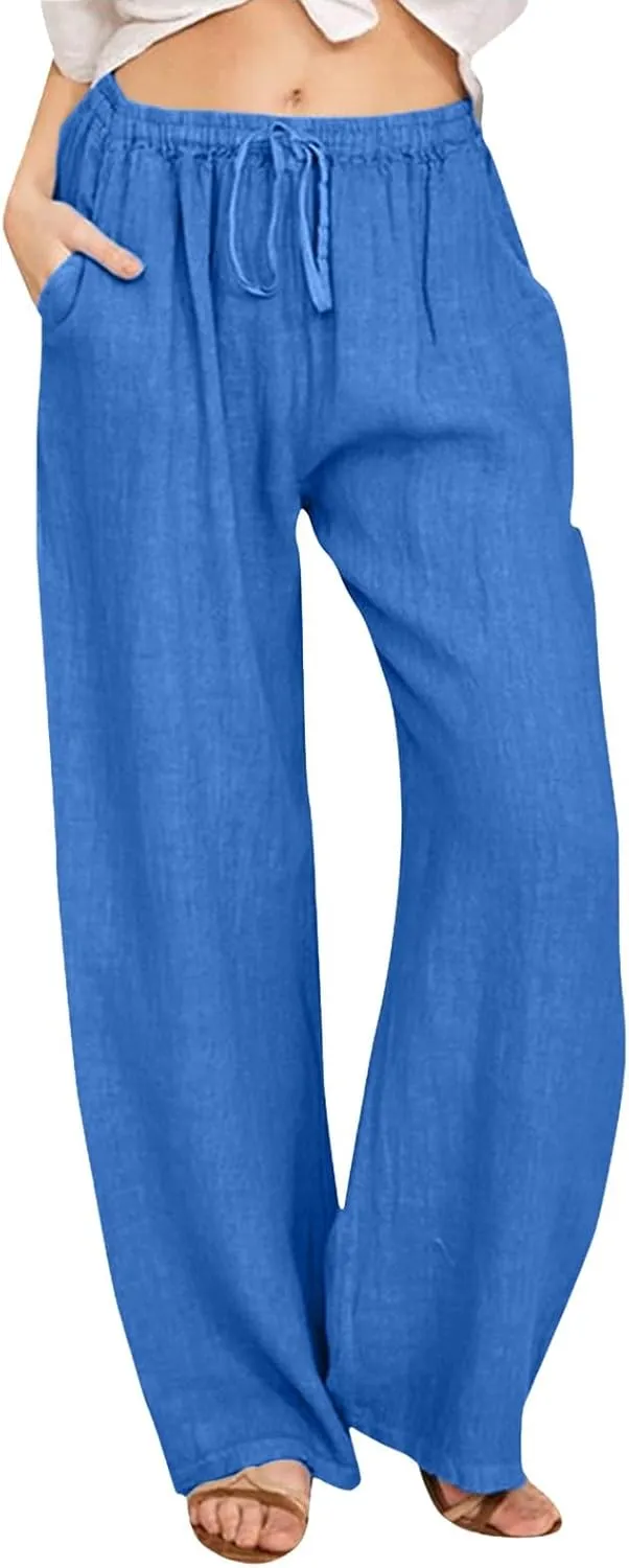Women High Waisted Wide Leg Pants Fashion Drawstring Elastic Trousers Comfy Straight Leg Long Pants with Pockets