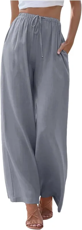 Women High Waisted Wide Leg Pants Fashion Drawstring Elastic Trousers Comfy Straight Leg Long Pants with Pockets