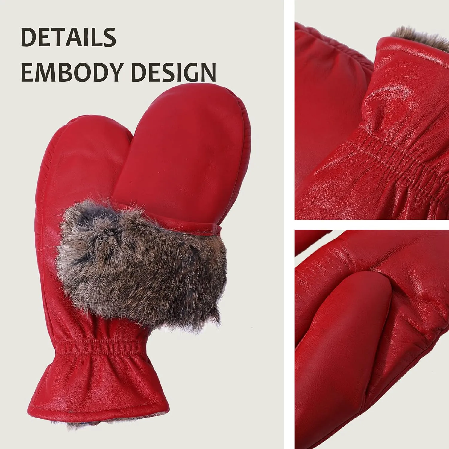 Women Leather Mittens Finger Rabbit fur Lining Winter Sheepskin Soft and Warm
