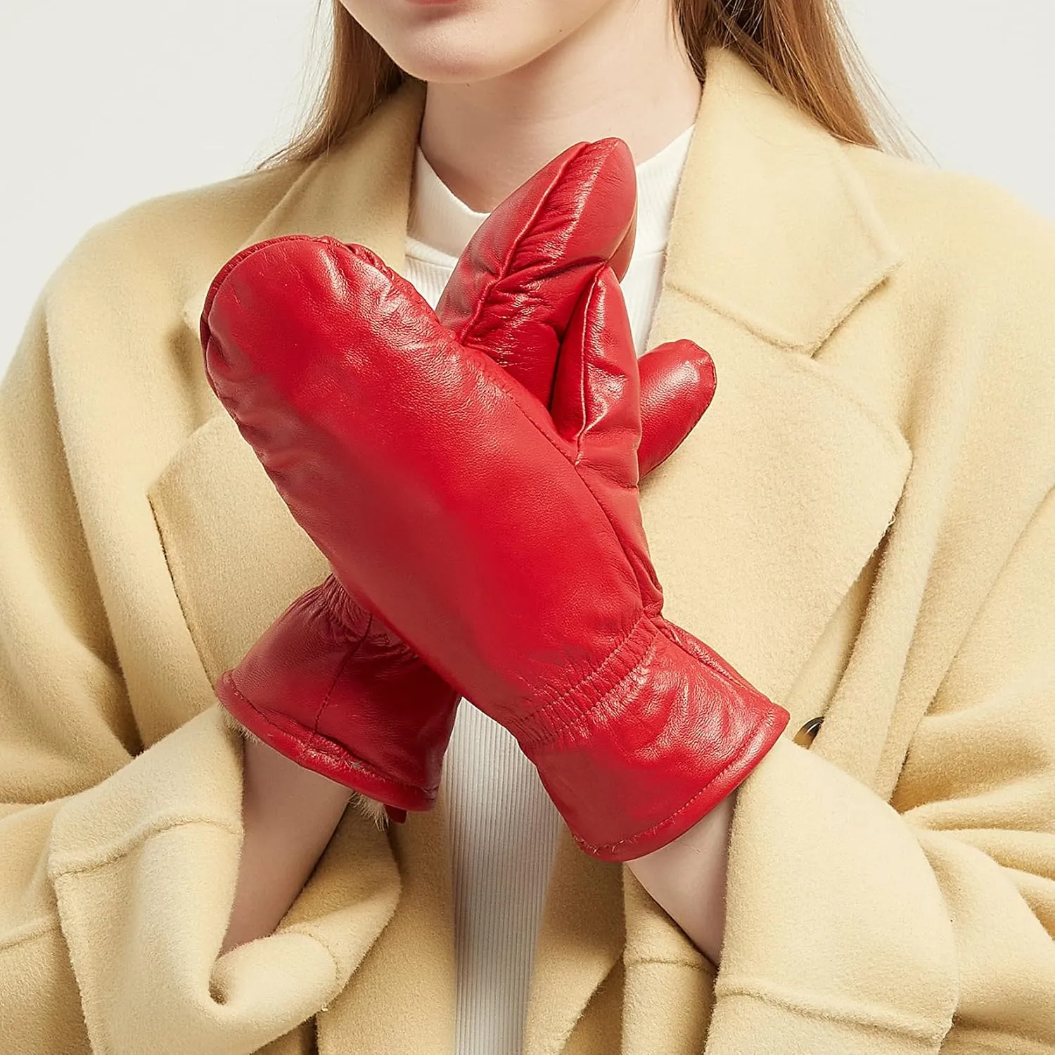 Women Leather Mittens Finger Rabbit fur Lining Winter Sheepskin Soft and Warm