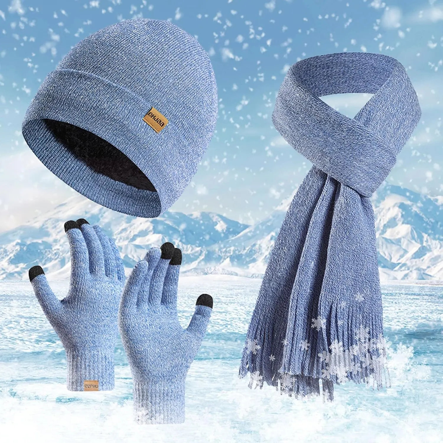 Women Winter Beanie Hat Scarf Gloves Set, Fleece Knitted Pom-Pom Hat Soft Warm Long Neck Scarf Gloves Winter Gift