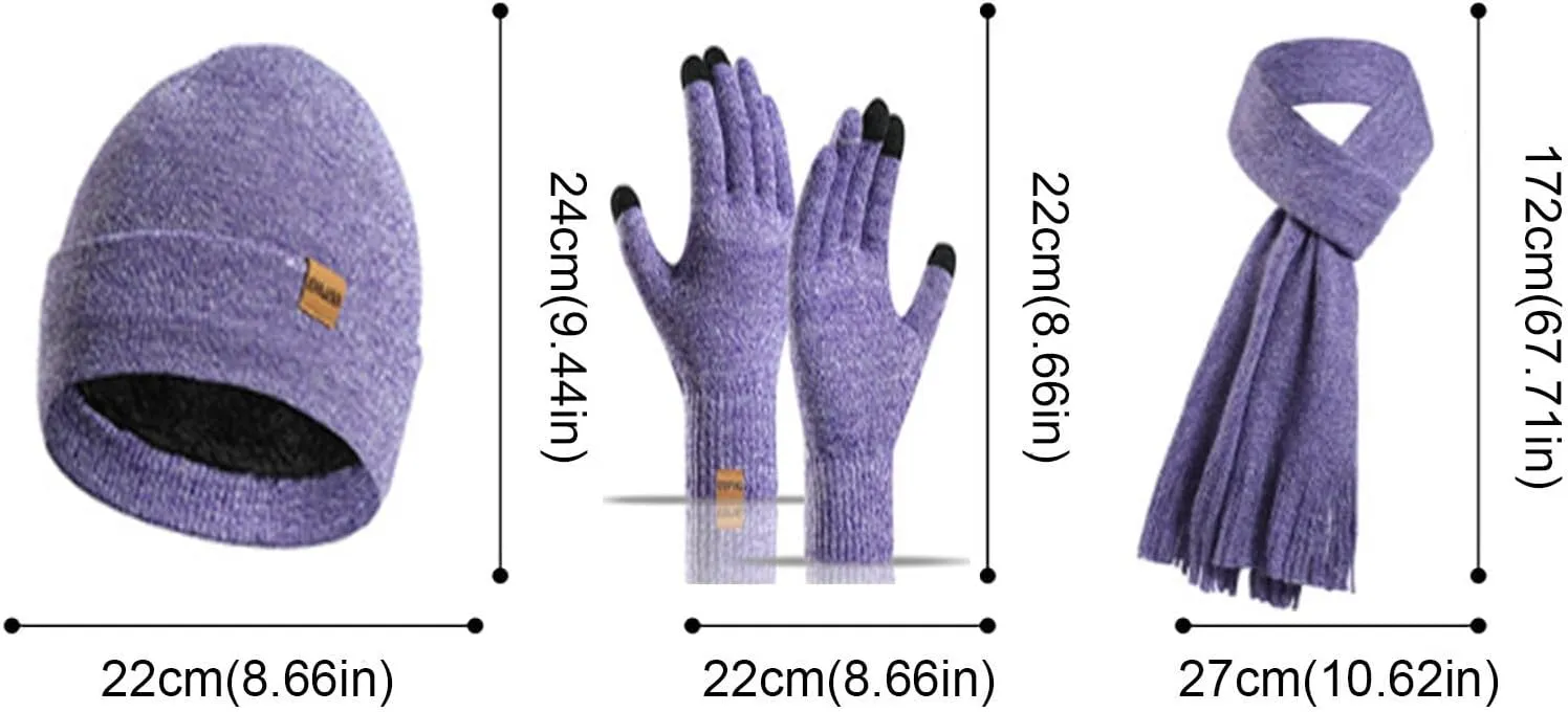 Women Winter Beanie Hat Scarf Gloves Set, Fleece Knitted Pom-Pom Hat Soft Warm Long Neck Scarf Gloves Winter Gift