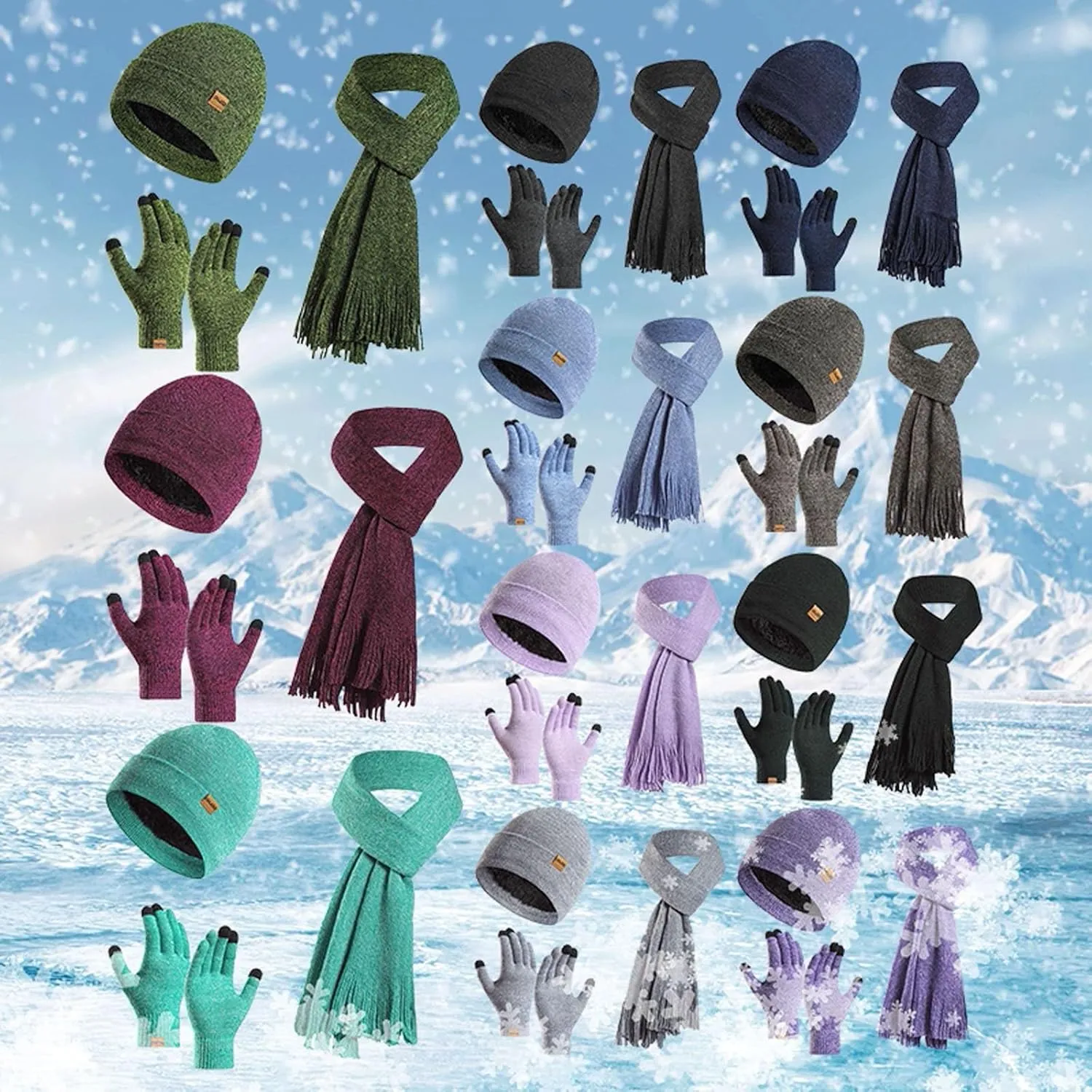 Women Winter Beanie Hat Scarf Gloves Set, Fleece Knitted Pom-Pom Hat Soft Warm Long Neck Scarf Gloves Winter Gift