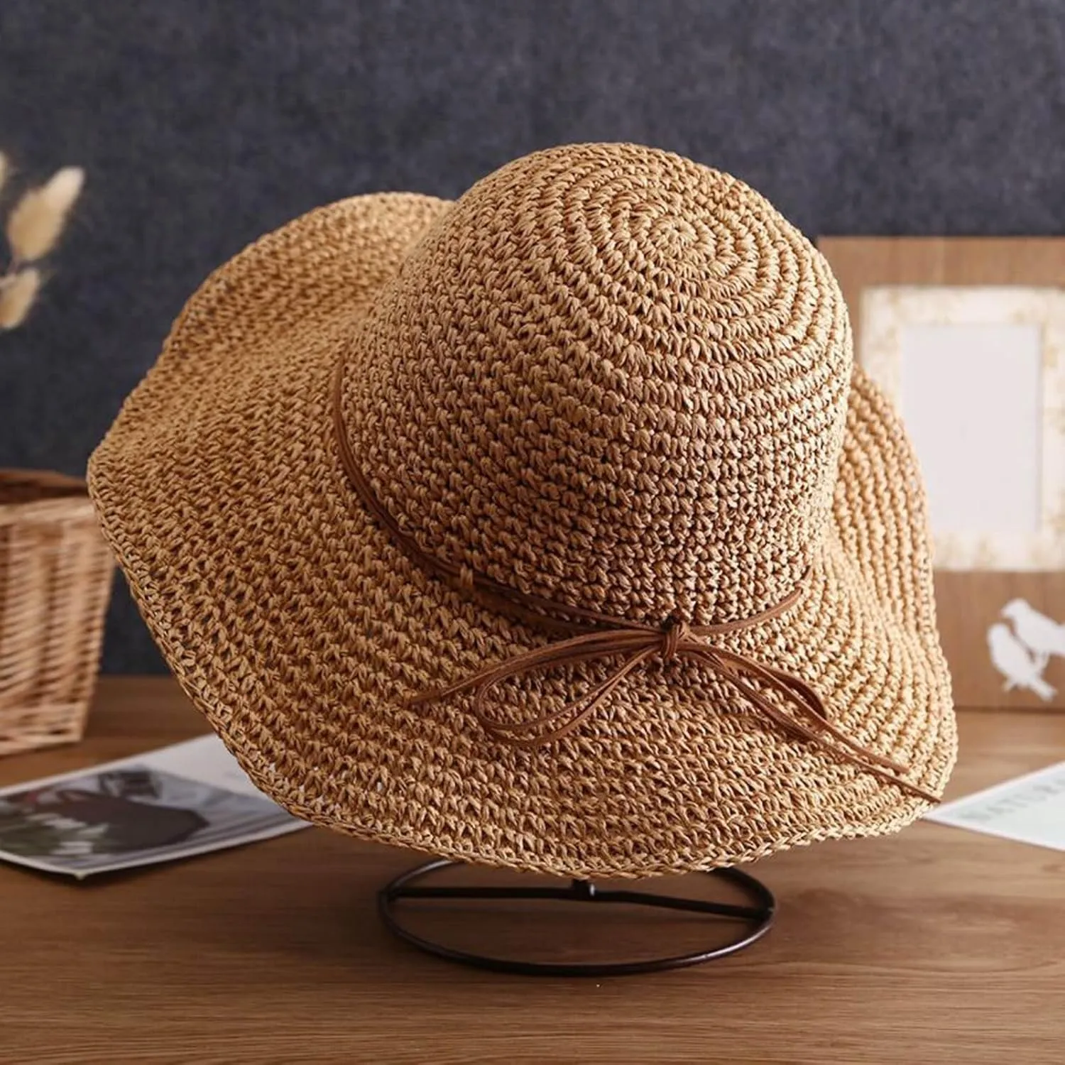 Women's Summer Fashion Small Fresh Solid Color Straw Hat Beach Sun Hat Straw Woven Large Brim Sunscreen Pool Hat